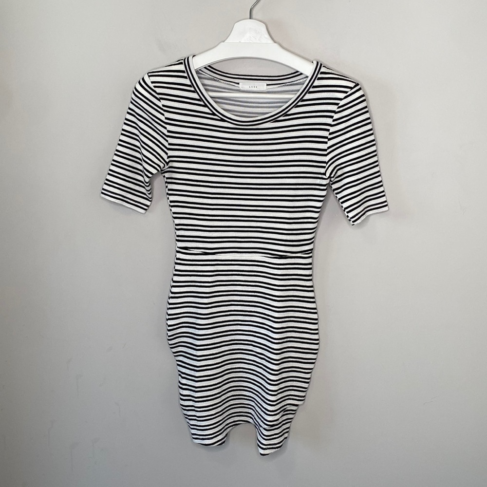 Lush Knit Striped Asymmetrical Black and White Dress